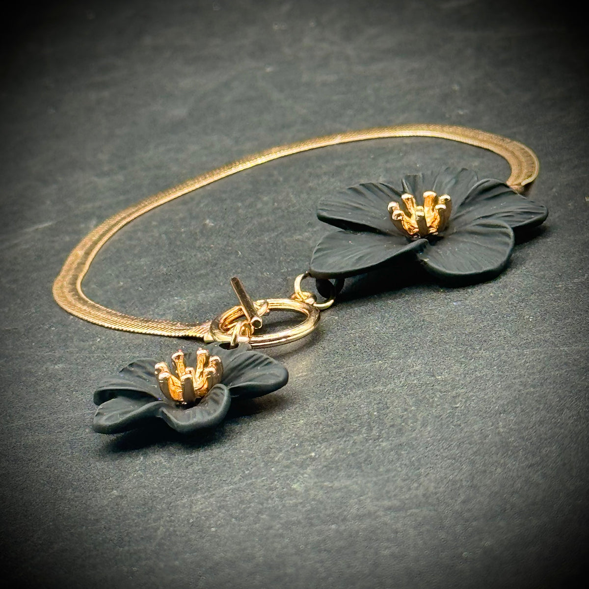 Flower Bracelet with Gold Metal Serpentine Chain & Toggle Closure