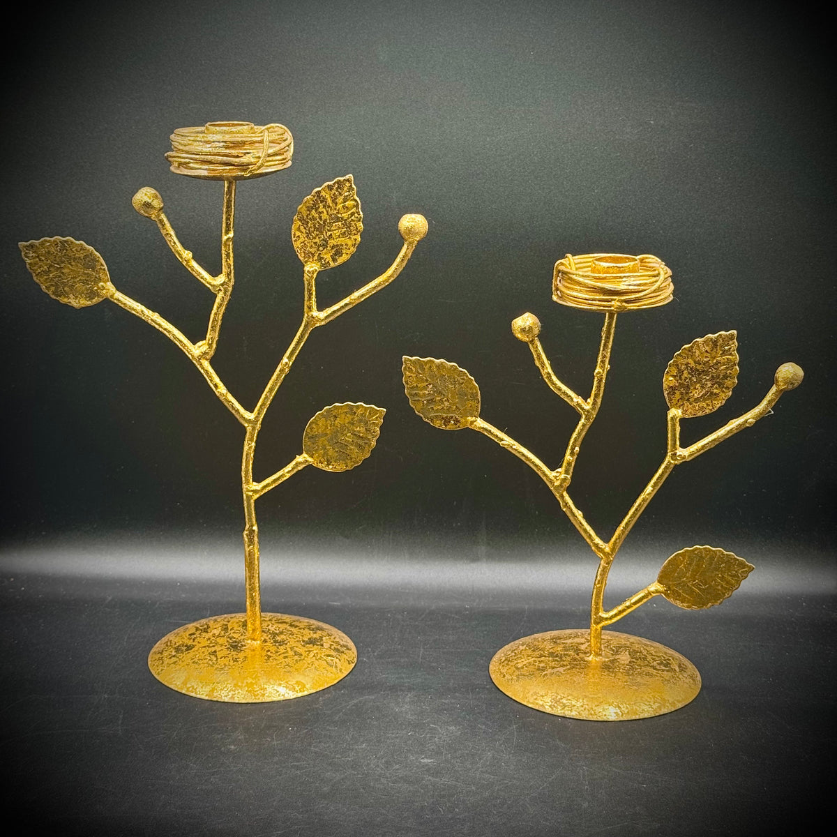Pair of Weeping Gold Style Coil Top Nest Candle Holders