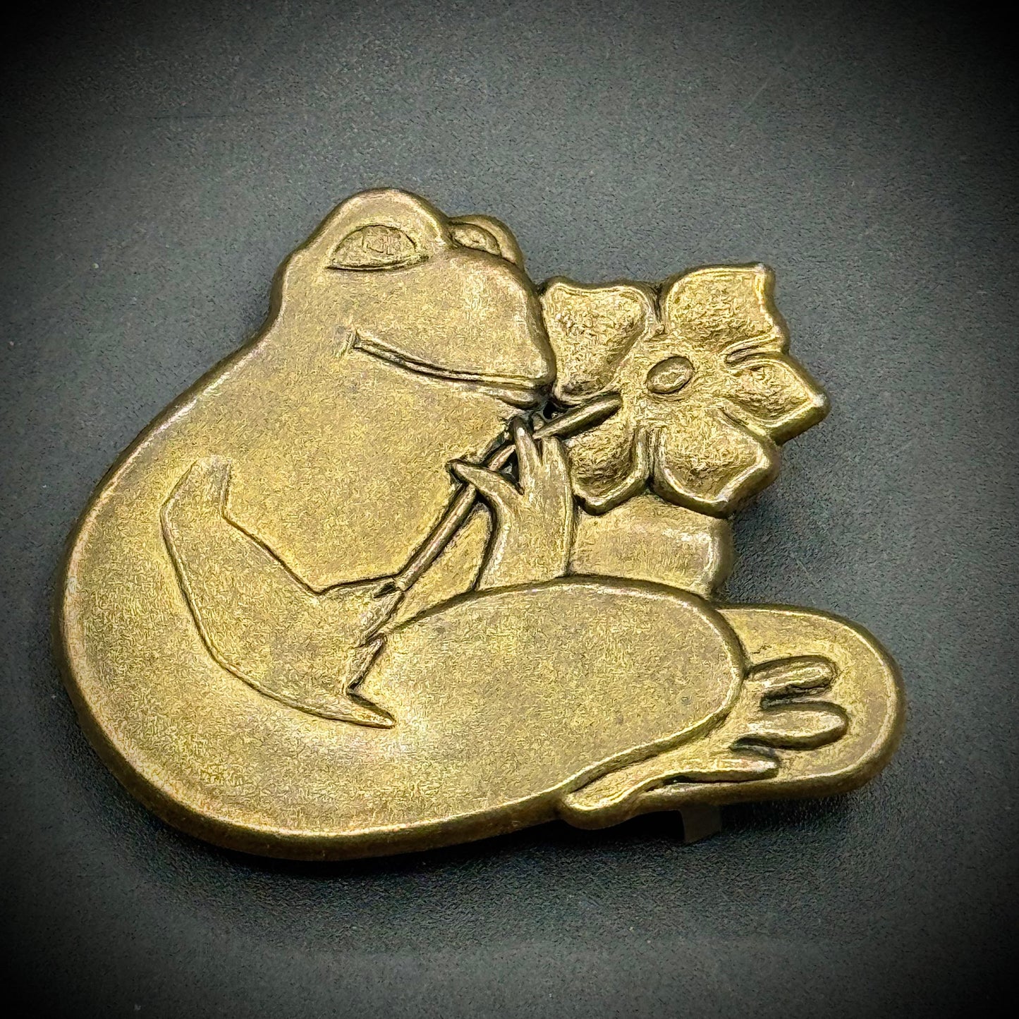 Vintage 1970s Frog & Flower Sears Brass Belt Buckle