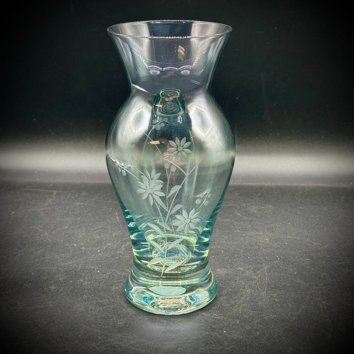 Etched Pale Aqua Vase with Flower Motif