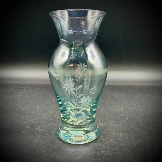 Etched Pale Aqua Vase with Flower Motif