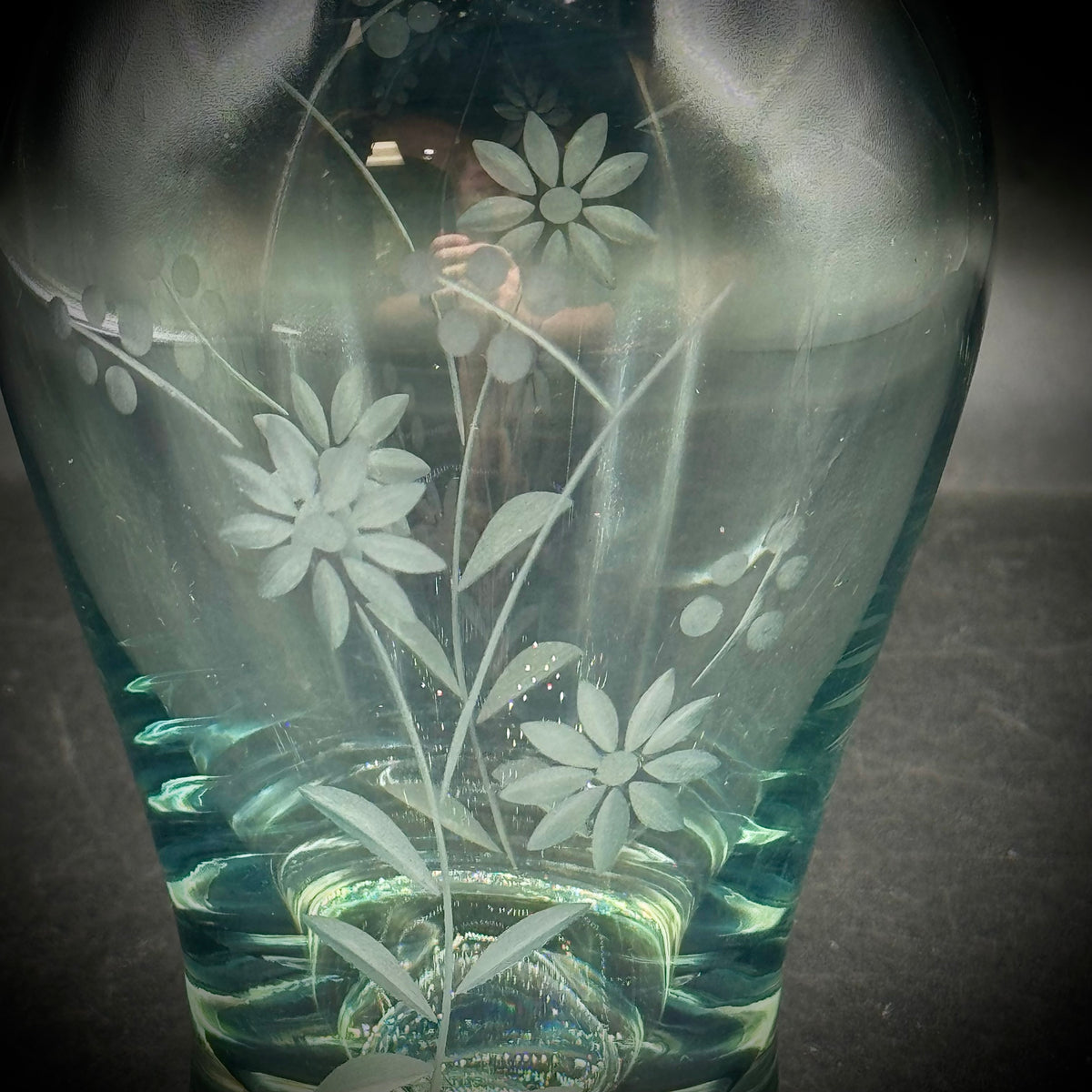 Etched Pale Aqua Vase with Flower Motif