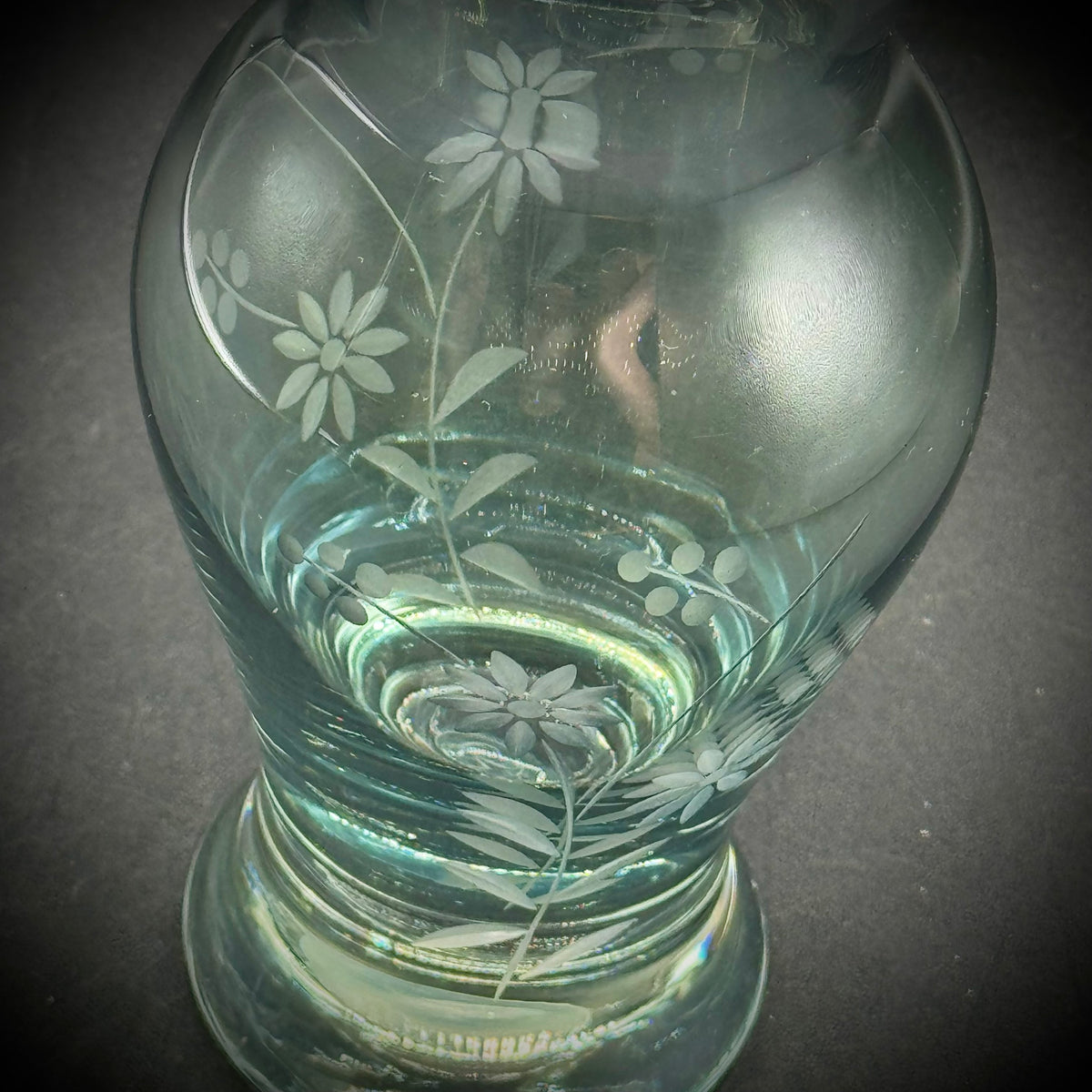 Etched Pale Aqua Vase with Flower Motif