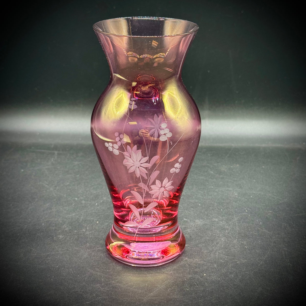 Etched Pink Vase with Flower Motif