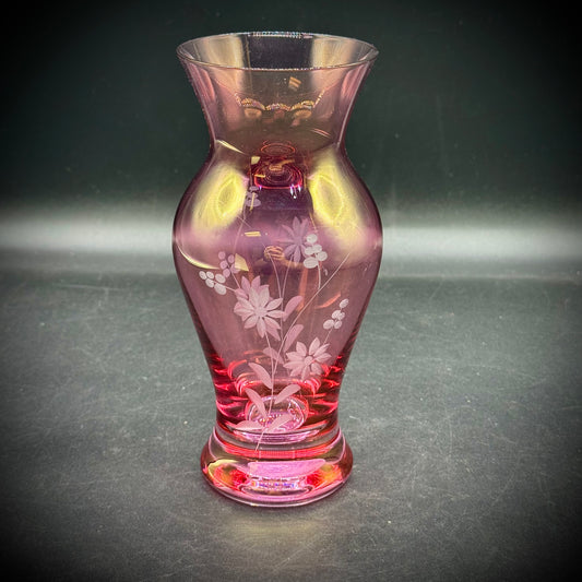 Etched Pink Vase with Flower Motif