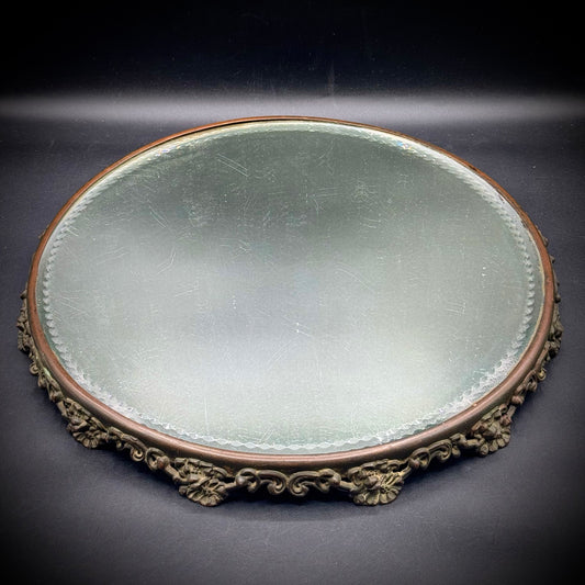 Antique Beveled Edge Large Round Mirror with Ornate Metal Scrollwork