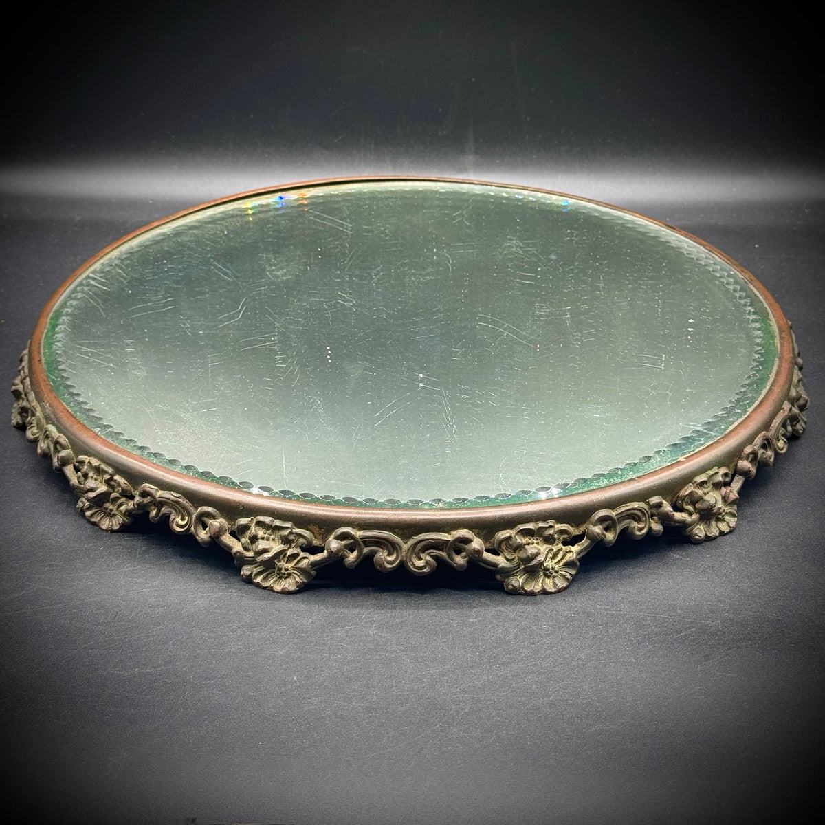 Antique Beveled Edge Large Round Mirror with Ornate Metal Scrollwork