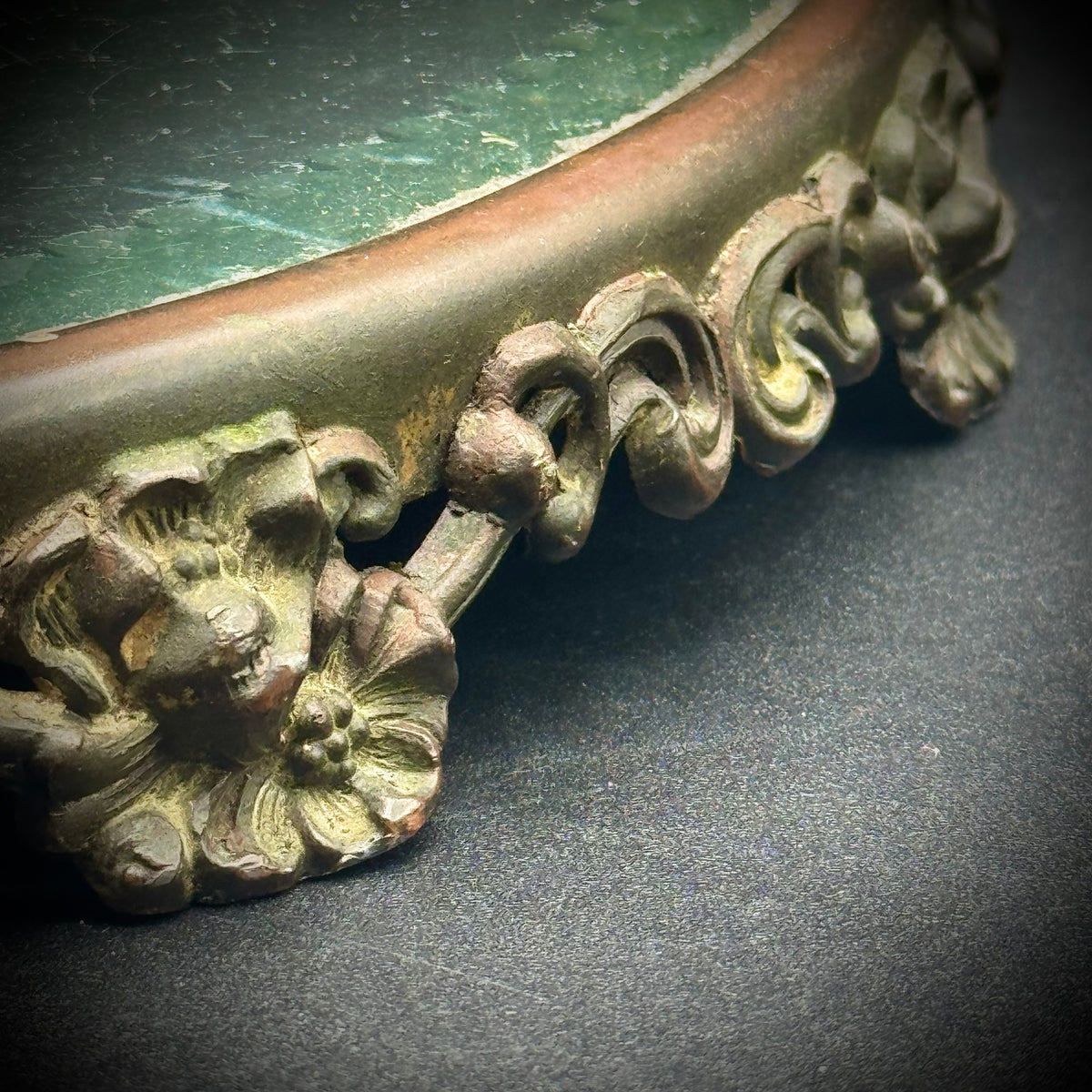Antique Beveled Edge Large Round Mirror with Ornate Metal Scrollwork