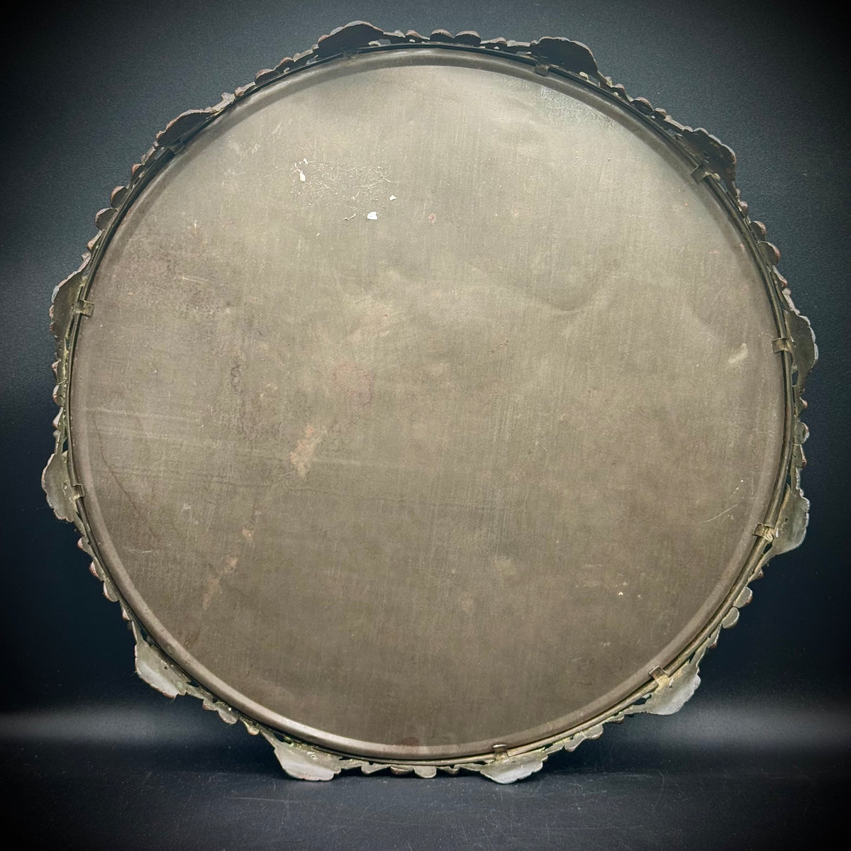 Antique Beveled Edge Large Round Mirror with Ornate Metal Scrollwork