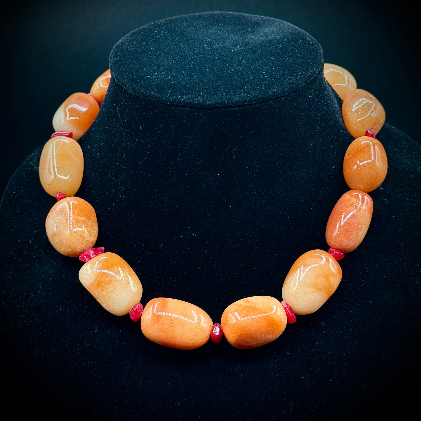 Heavy Polished Carnelian Stone Necklace with Coral Chips