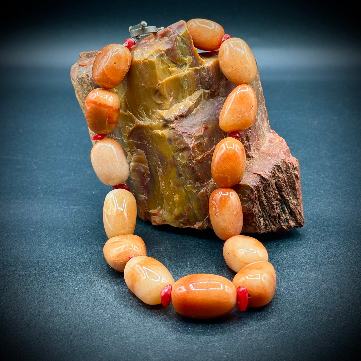 Heavy Polished Carnelian Stone Necklace with Coral Chips