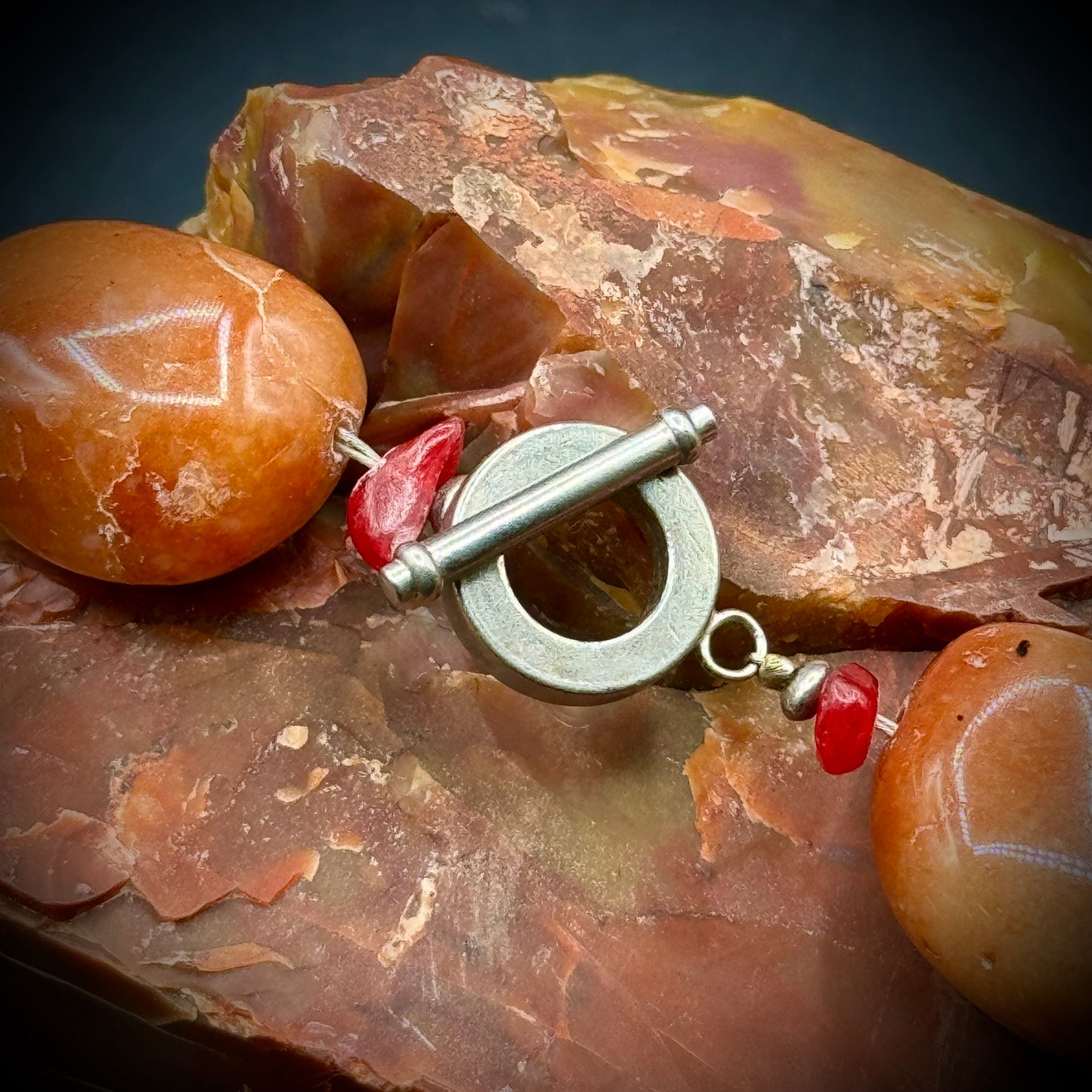 Heavy Polished Carnelian Stone Necklace with Coral Chips