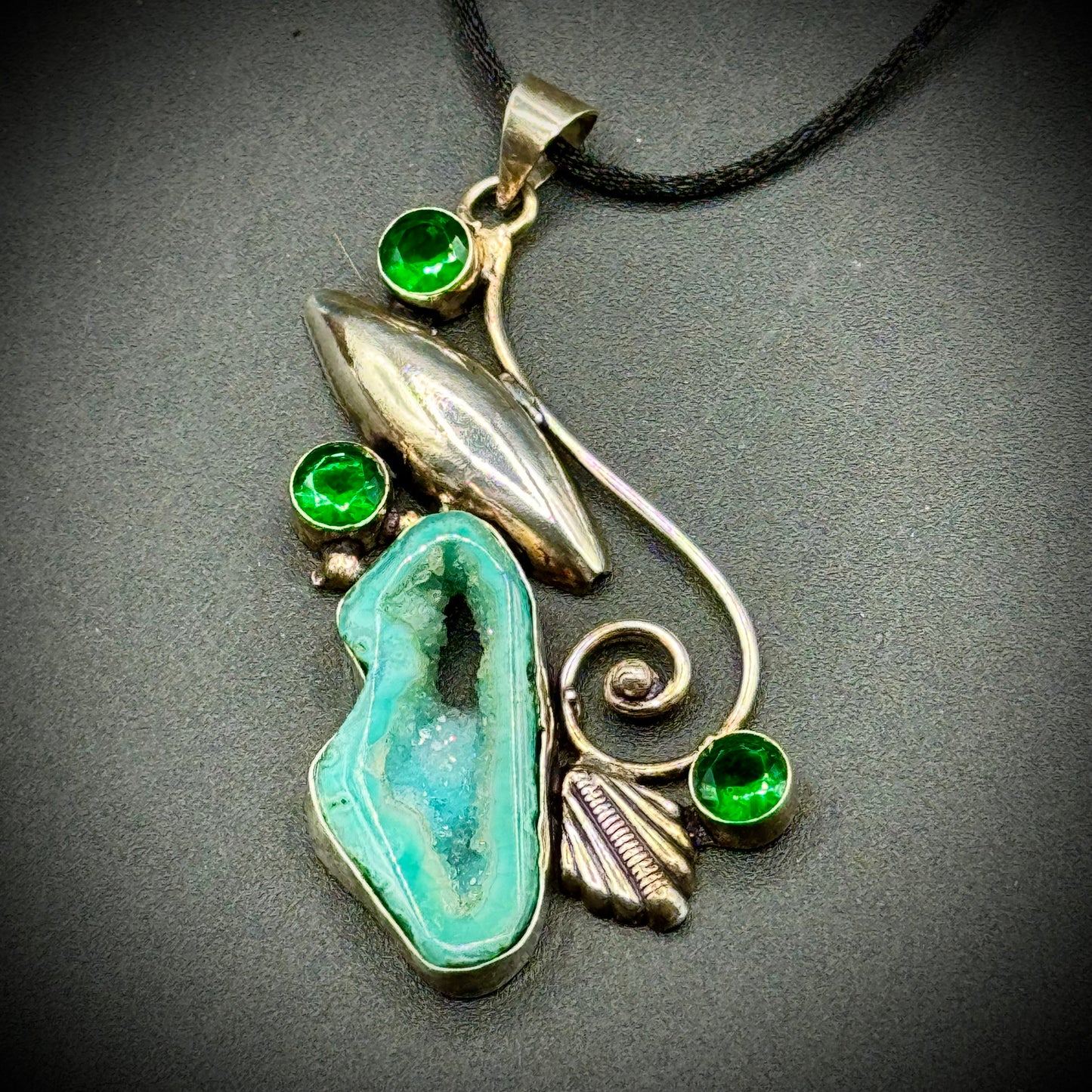 Sterling Silver Pendant w/Natural Stone Agate & Diopside Gemstones