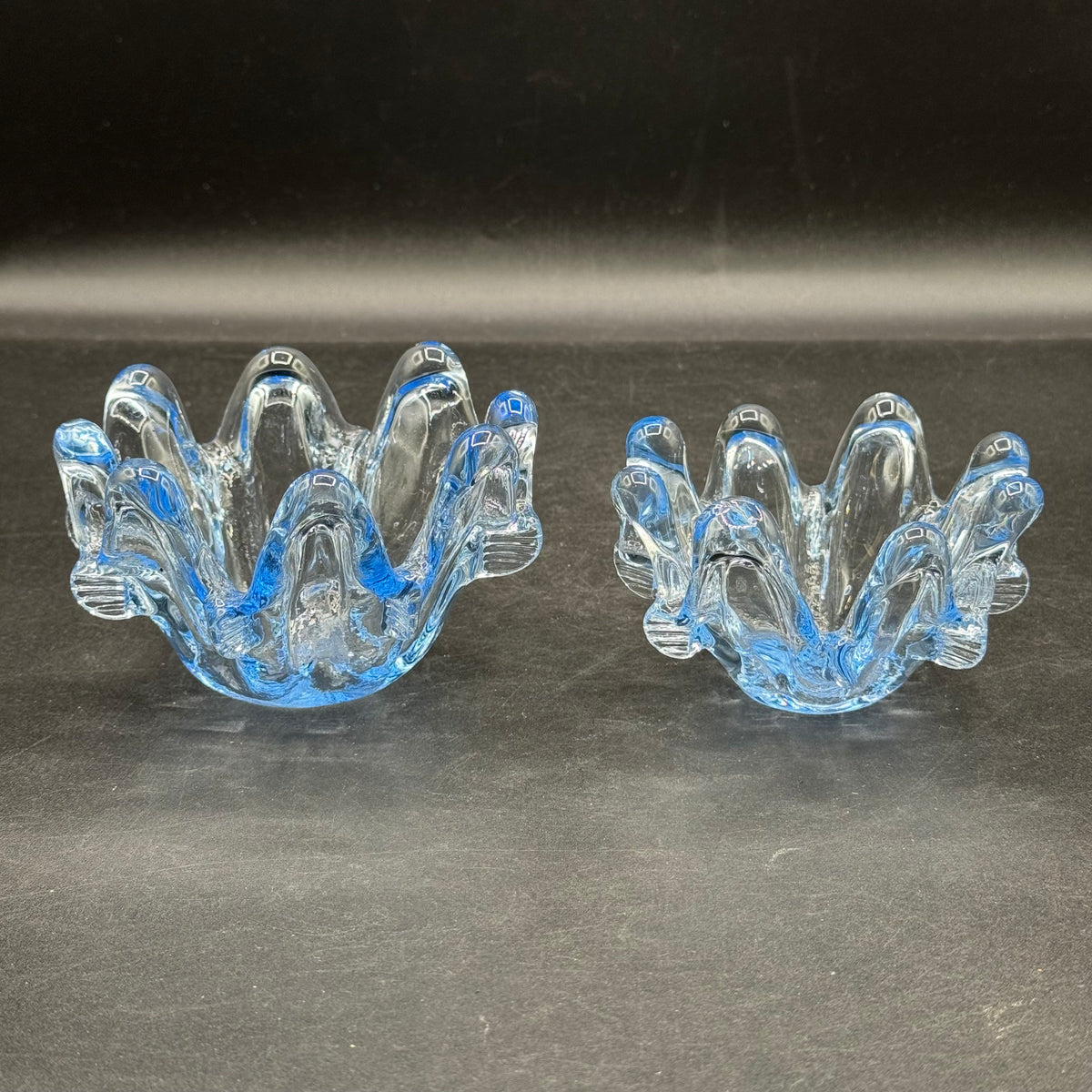 Pair of Vintage Periwinkle Blue Murano Art Glass Swung Bowls