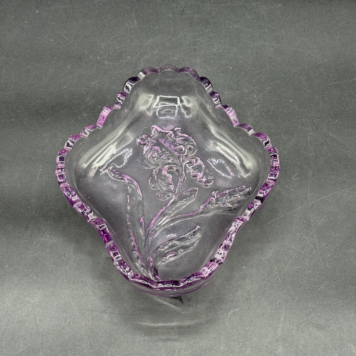 Vintage Purple Glass Dish with Flower Motif