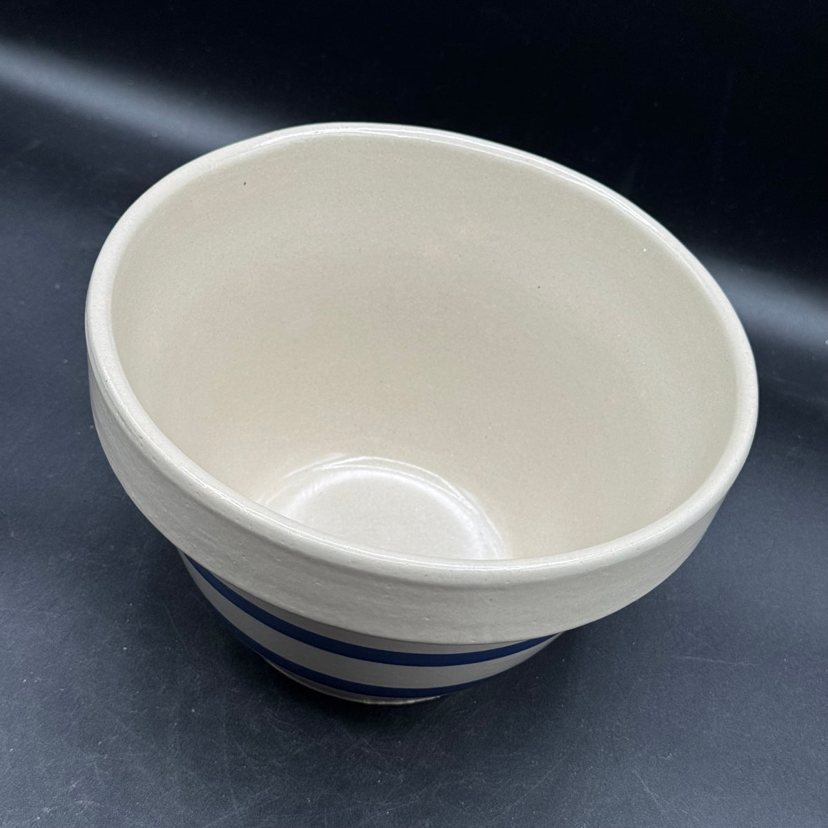 Vintage Robinson Ramsbottom Roseville, Ohio Stoneware Double Blue Line Mixing Bowl