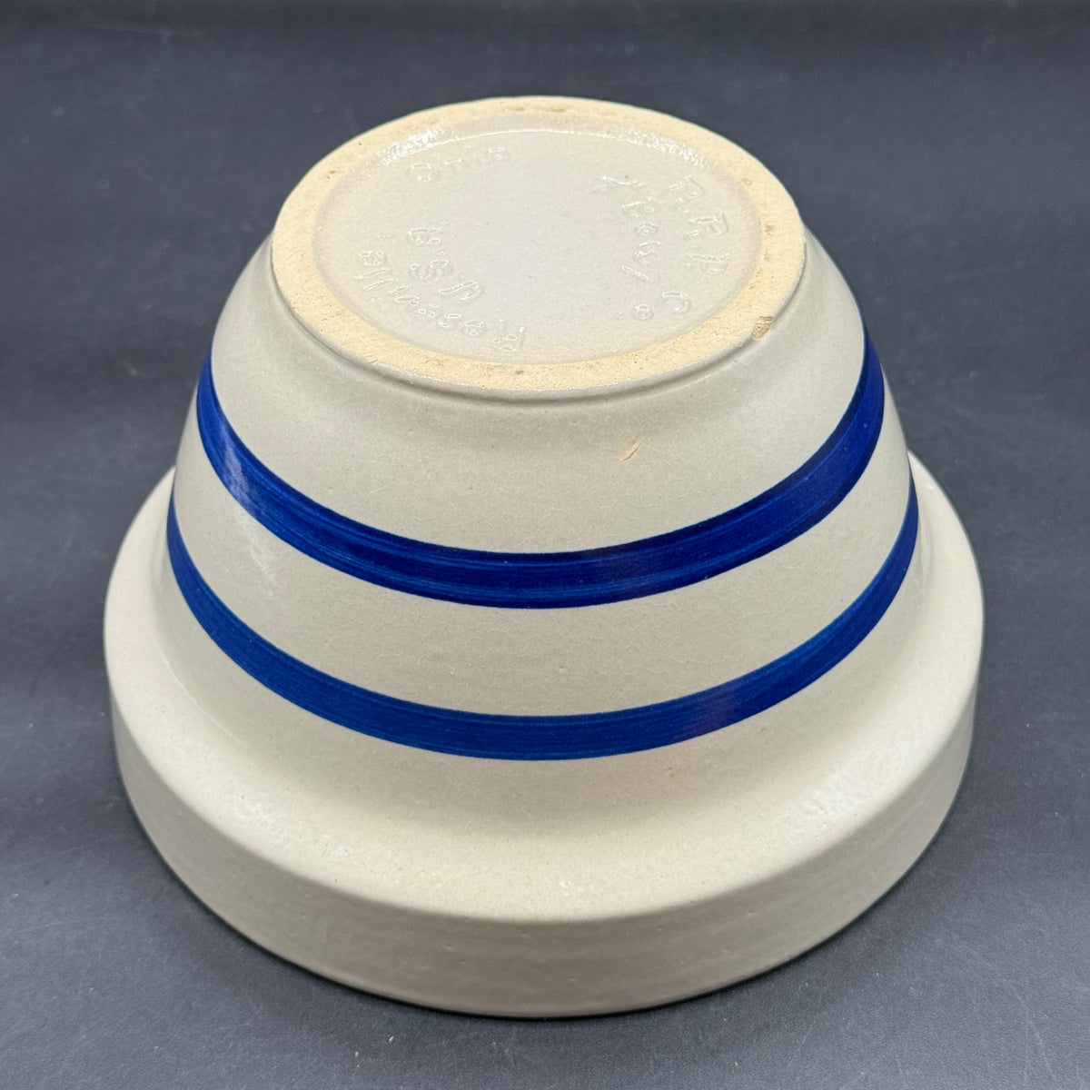 Vintage Robinson Ramsbottom Roseville, Ohio Stoneware Double Blue Line Mixing Bowl