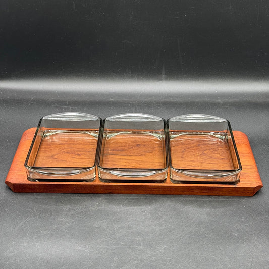 Vintage MCM Longborg, Denmark Four Piece Glass and Teak Wood Serving Tray