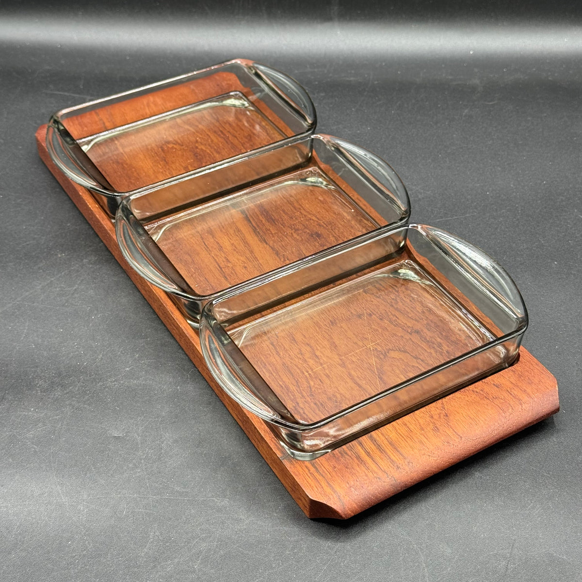 Vintage MCM Longborg, Denmark Four Piece Glass and Teak Wood Serving Tray