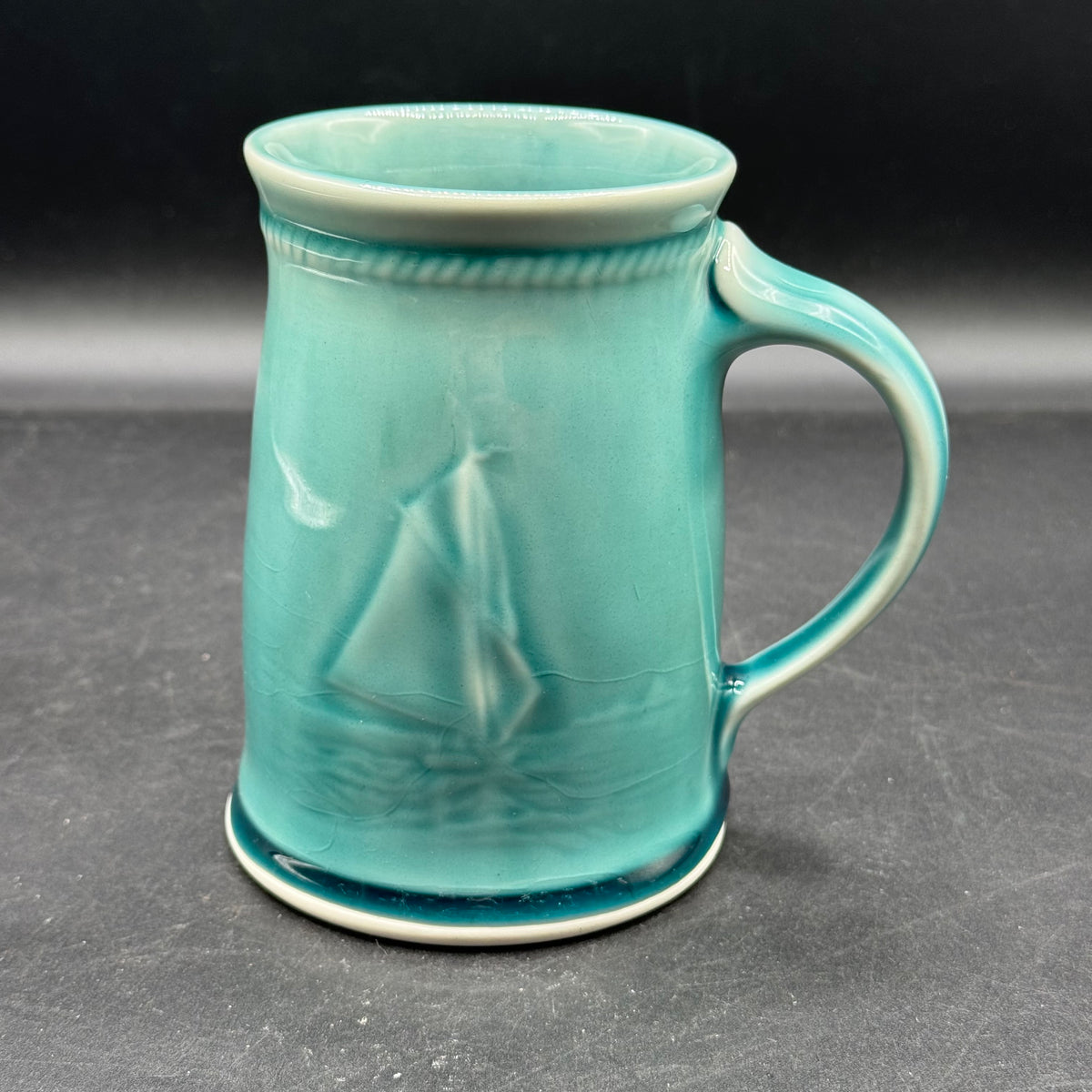 Signed Edgecomb Pottery Sailboat Motif Seafoam Mug