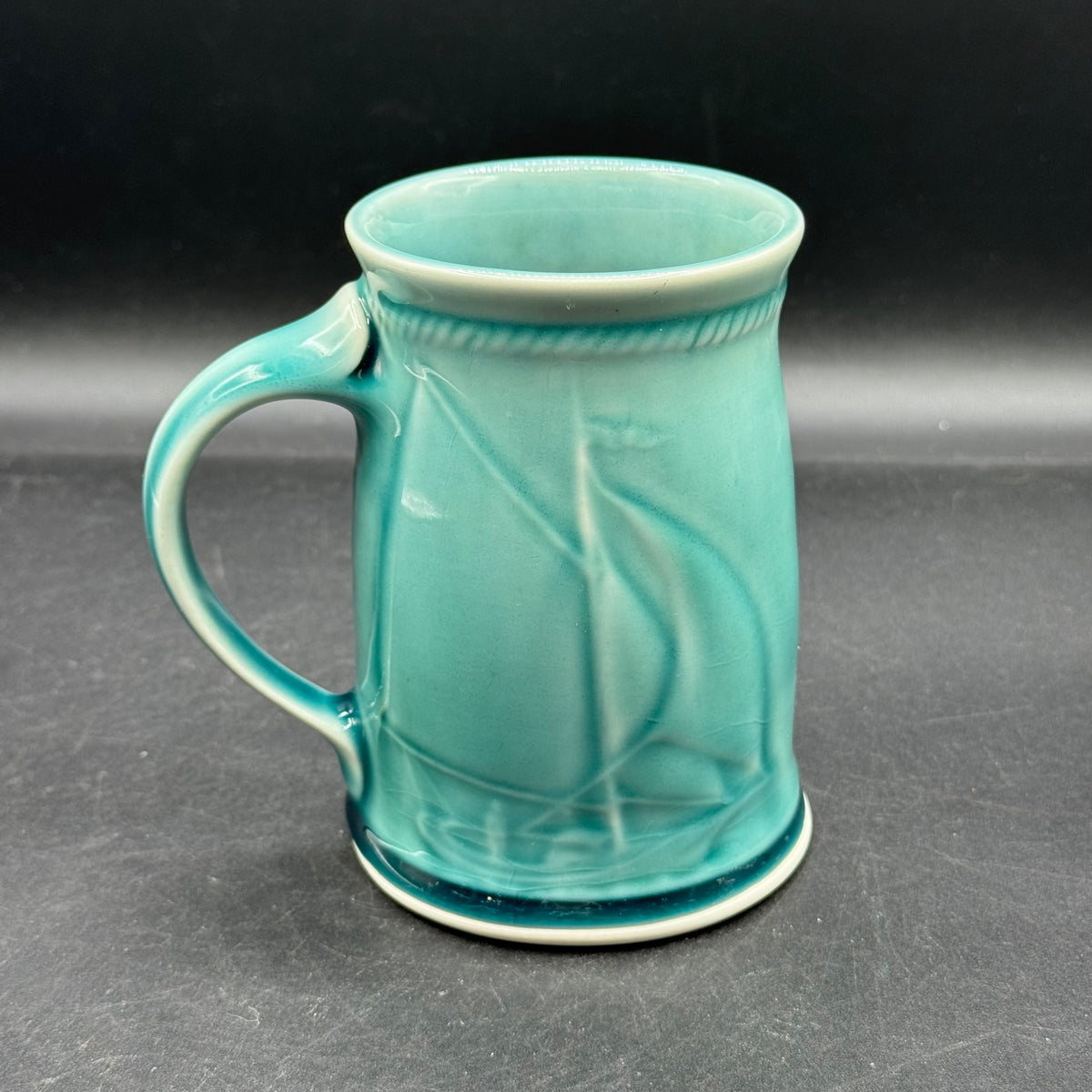 Signed Edgecomb Pottery Sailboat Motif Seafoam Mug