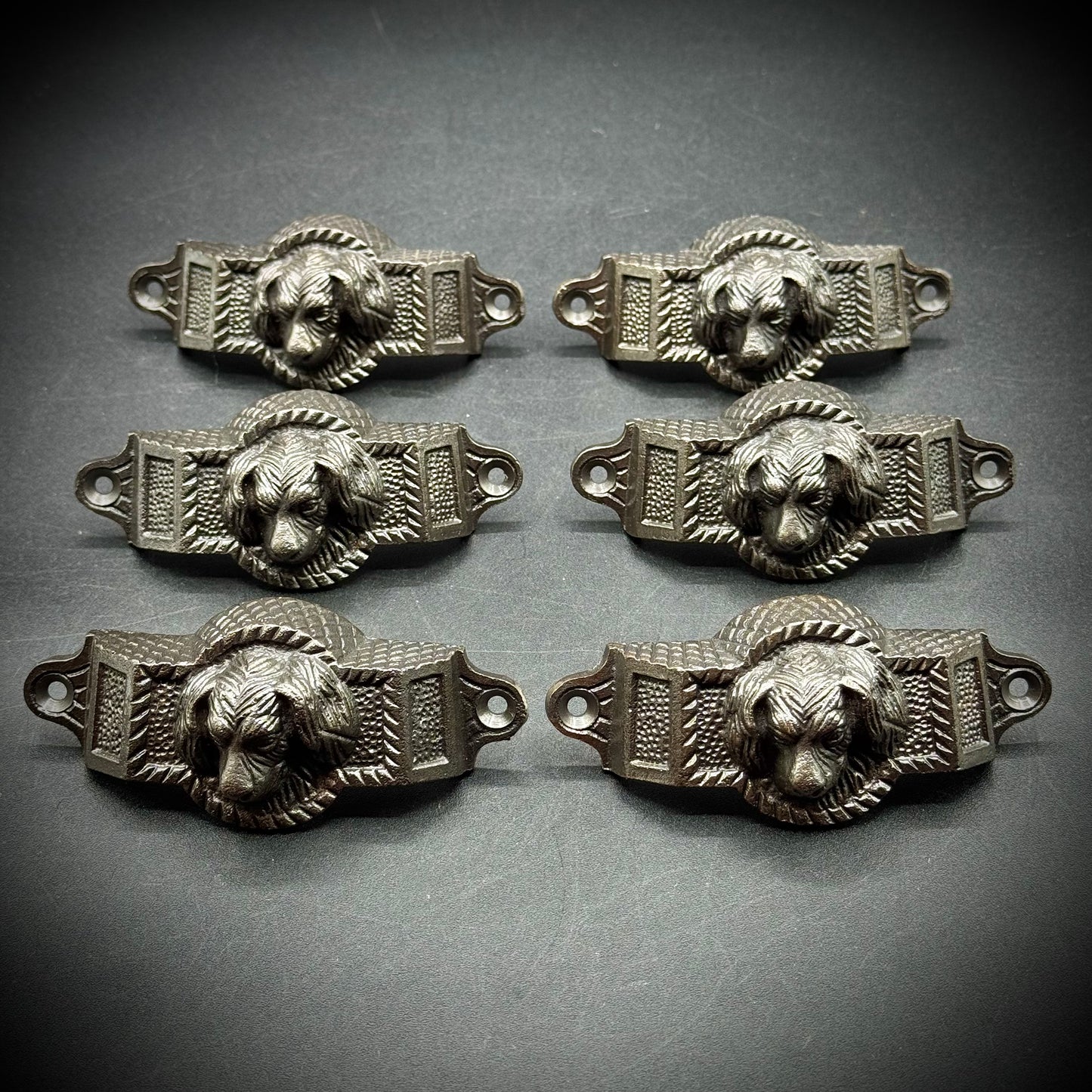 Vintage Set of 6 Cast Iron Dog Motif Drawer Pulls