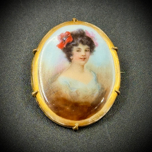 Antique Hand Painted Brooch with Stunning Portrait