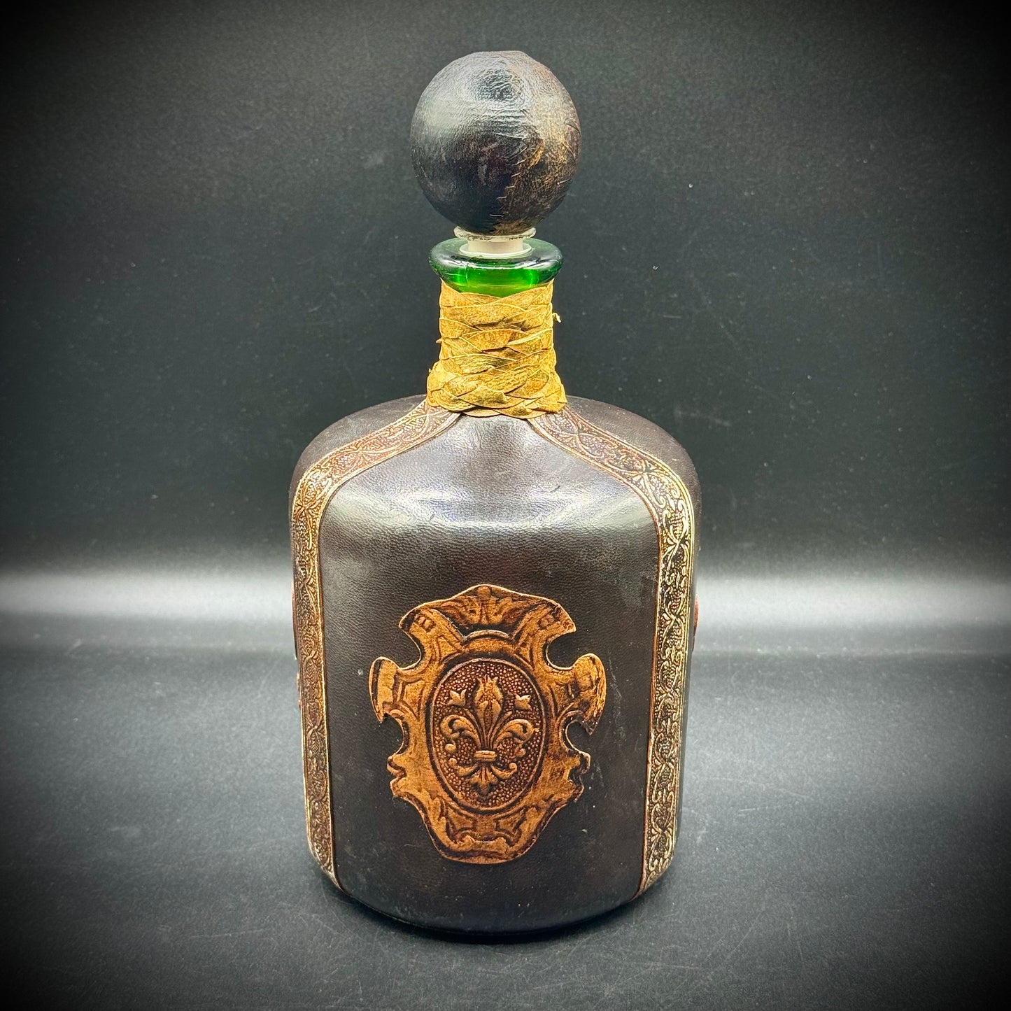 Vintage Ornate Dark Leather Wrapped Glass Bottle with Stopper - Made in Italy