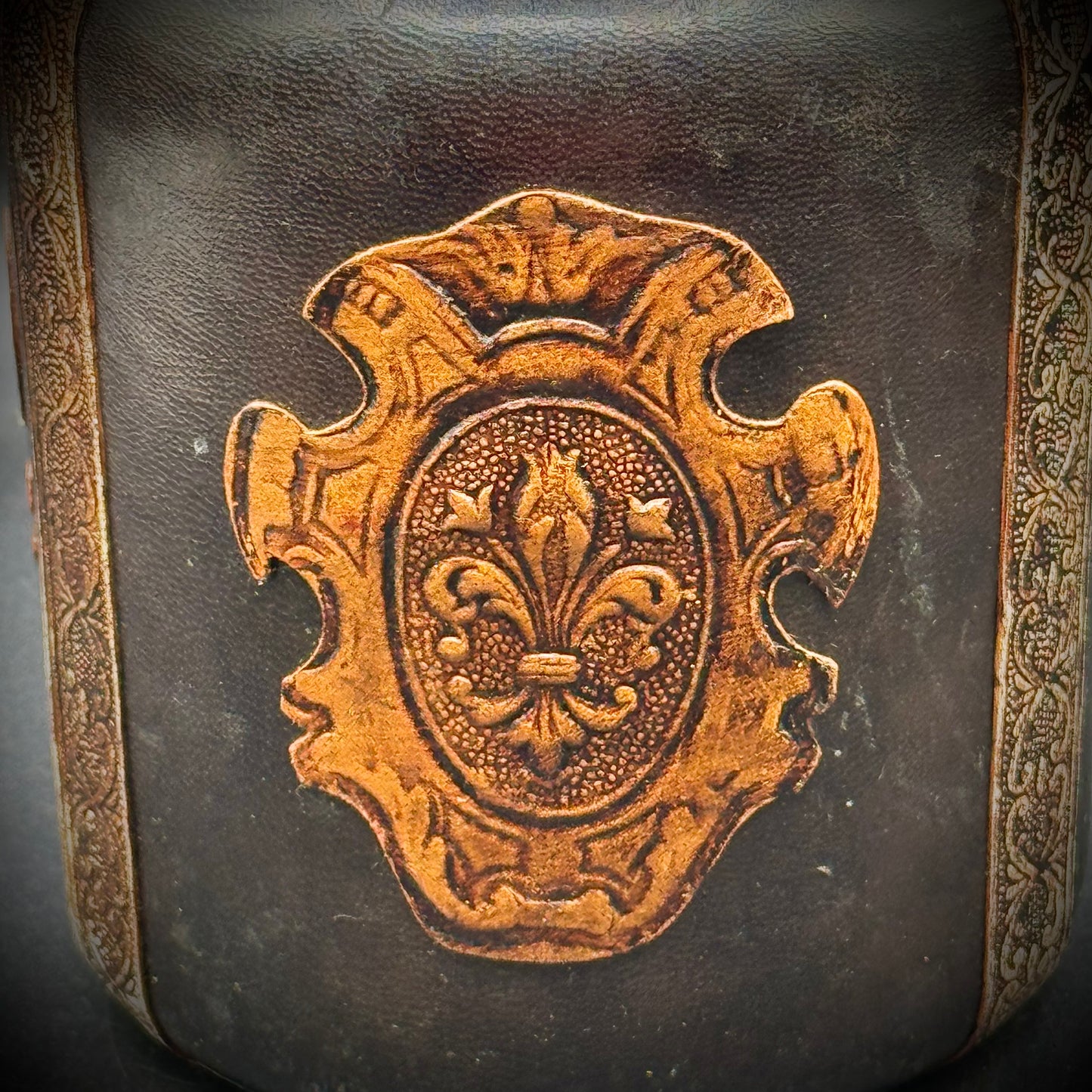 Vintage Ornate Dark Leather Wrapped Glass Bottle with Stopper - Made in Italy