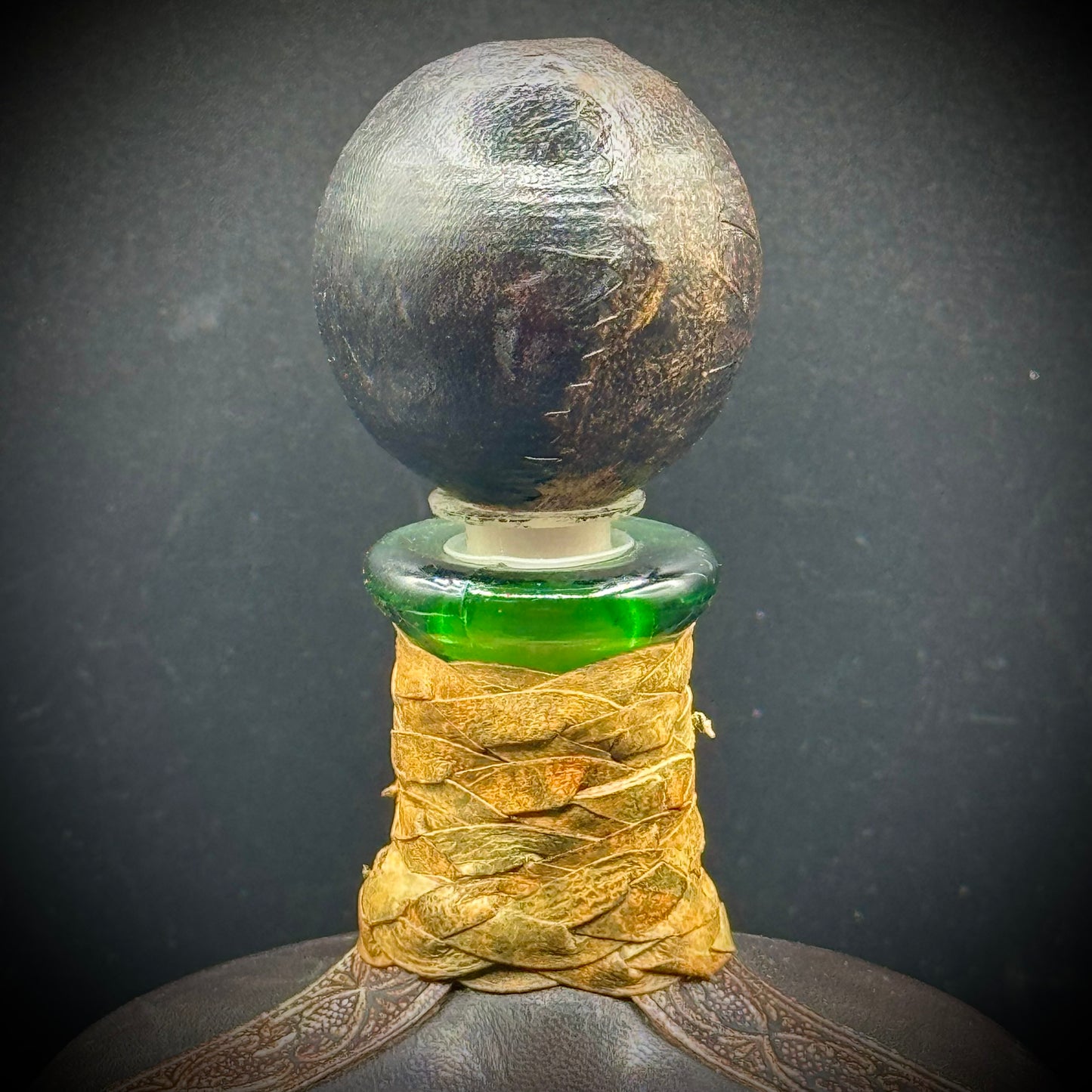 Vintage Ornate Dark Leather Wrapped Glass Bottle with Stopper - Made in Italy