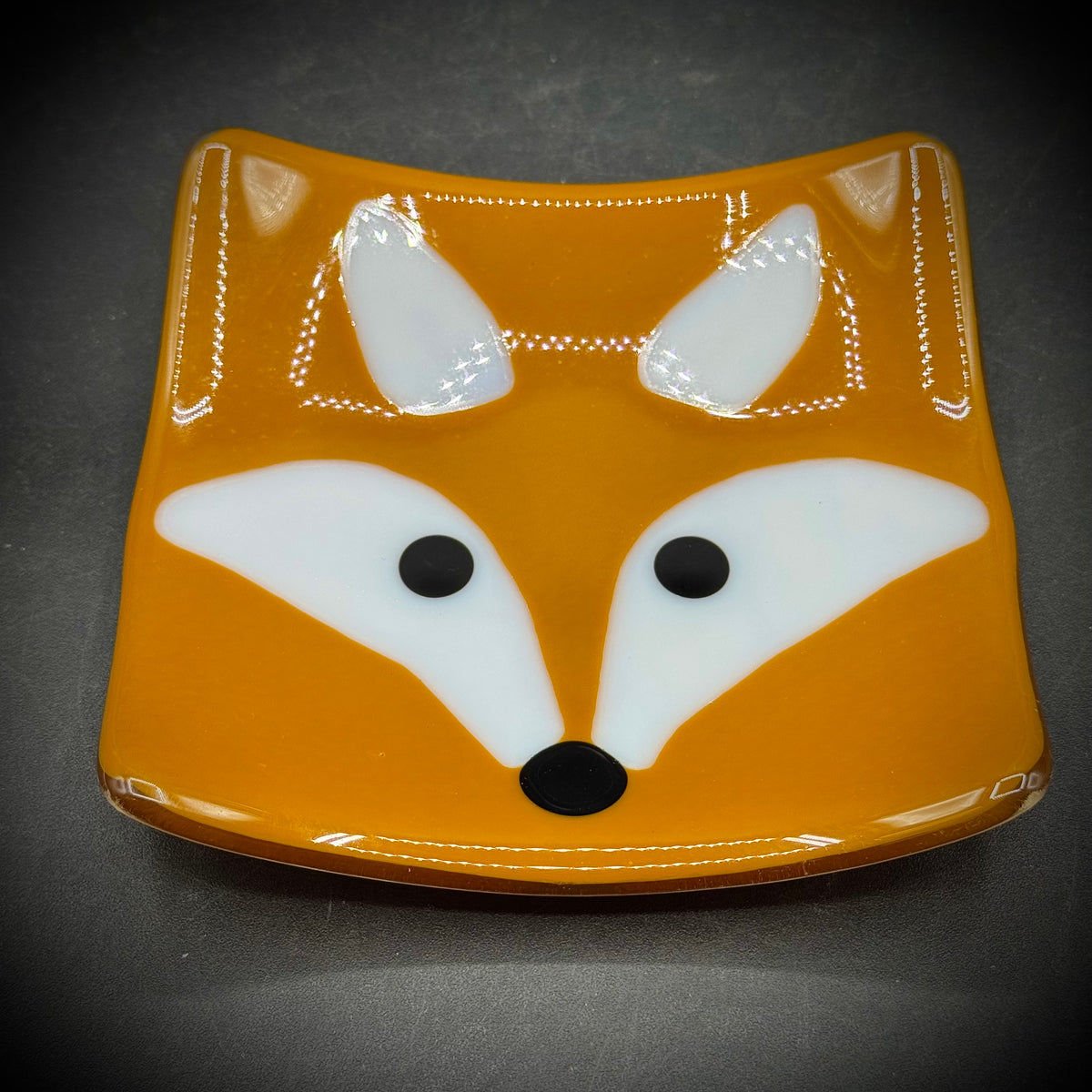 Artist Signed Fused Art Glass "Reynard The Fox" Convex Dish