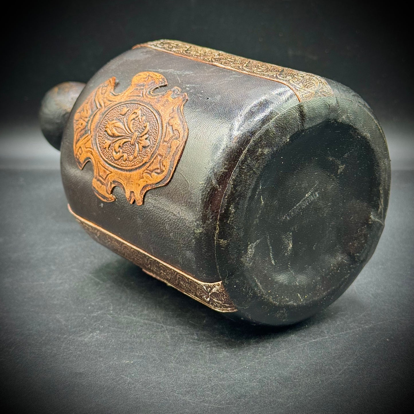 Vintage Ornate Dark Leather Wrapped Glass Bottle with Stopper - Made in Italy