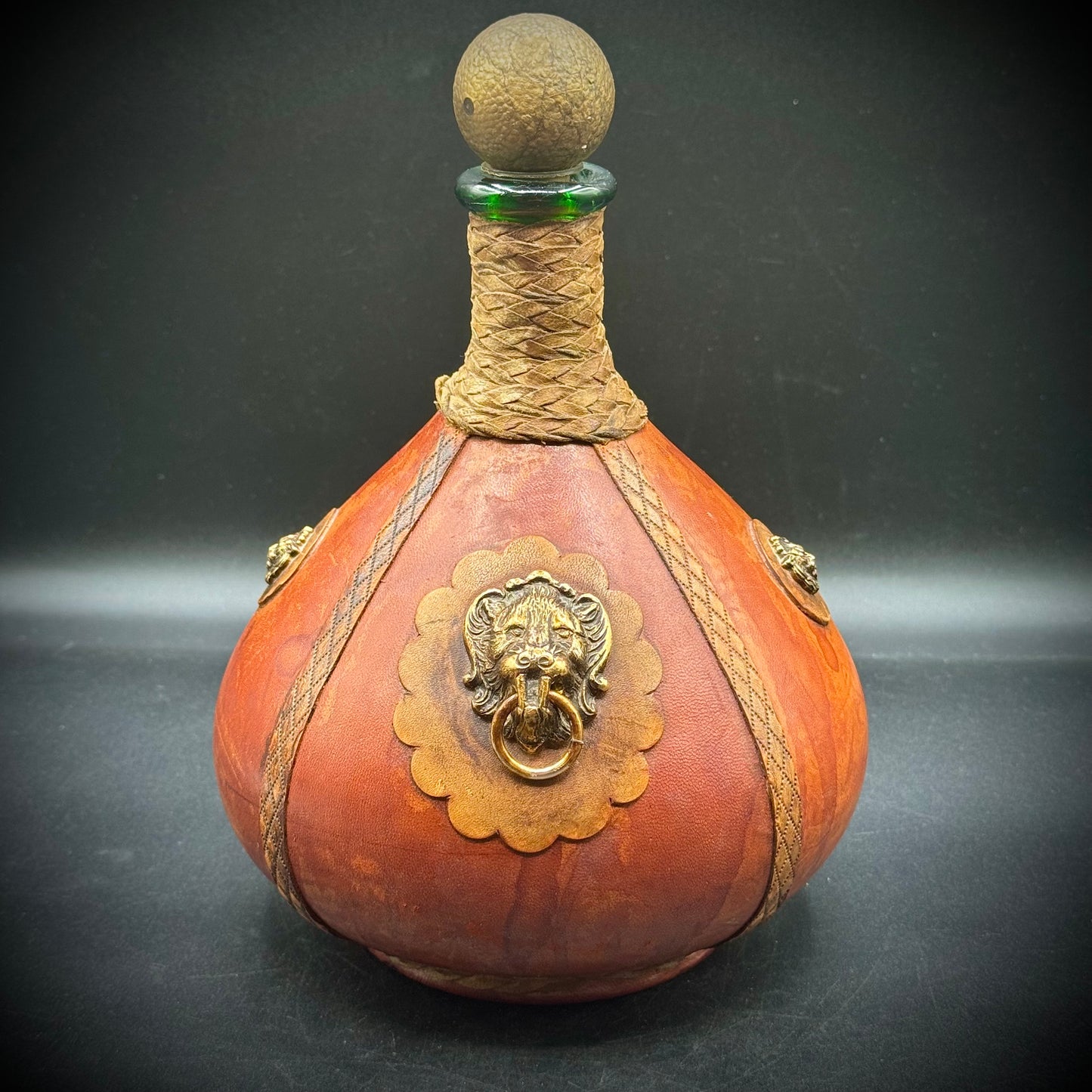 Vintage Ornate Leather Wrapped Glass Bottle with Stopper - Made in Italy