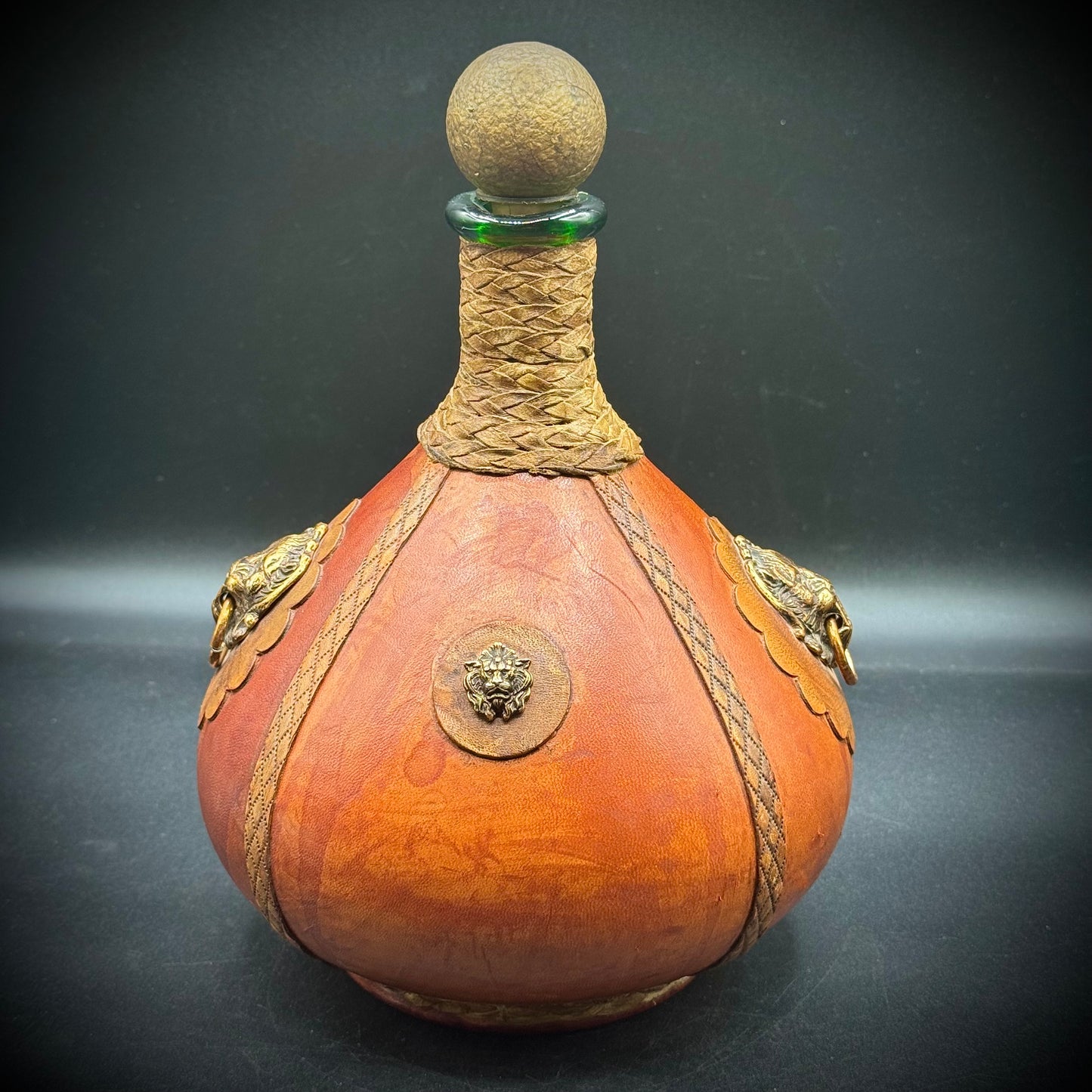 Vintage Ornate Leather Wrapped Glass Bottle with Stopper - Made in Italy
