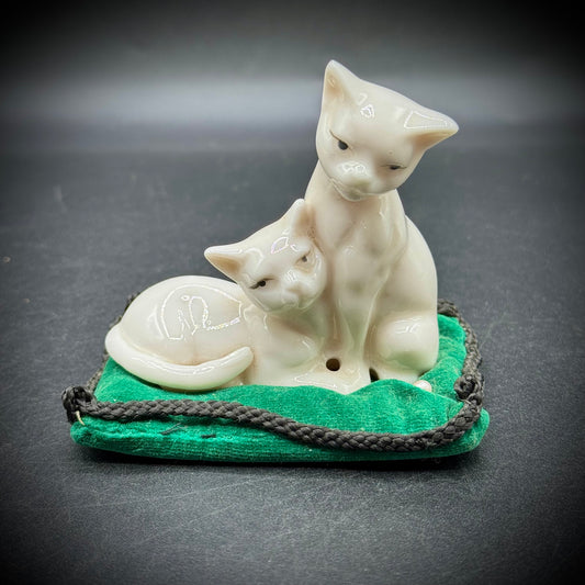 Vintage Porcelain & Velvet Cat Pin Cushion
