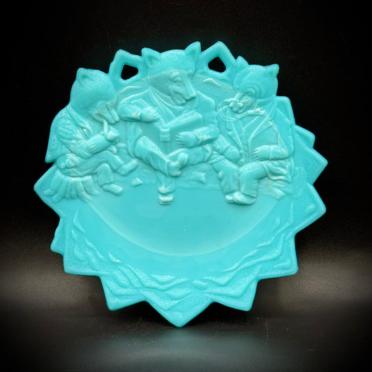 Vintage Westmoreland Blue Milk Glass Three Roosevelt Bears Plate