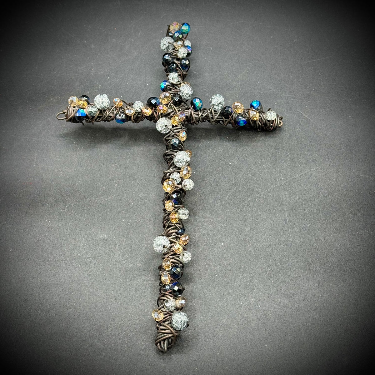Artisan Metal Wrapped Cross with Faceted Beads