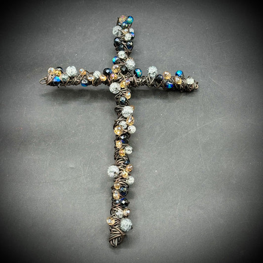 Artisan Metal Wrapped Cross with Faceted Beads