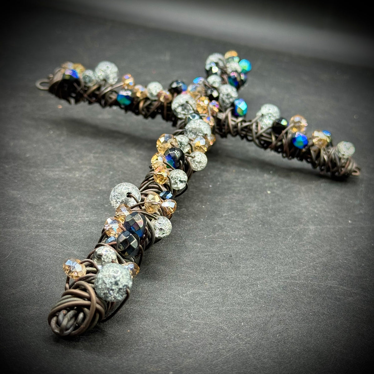Artisan Metal Wrapped Cross with Faceted Beads