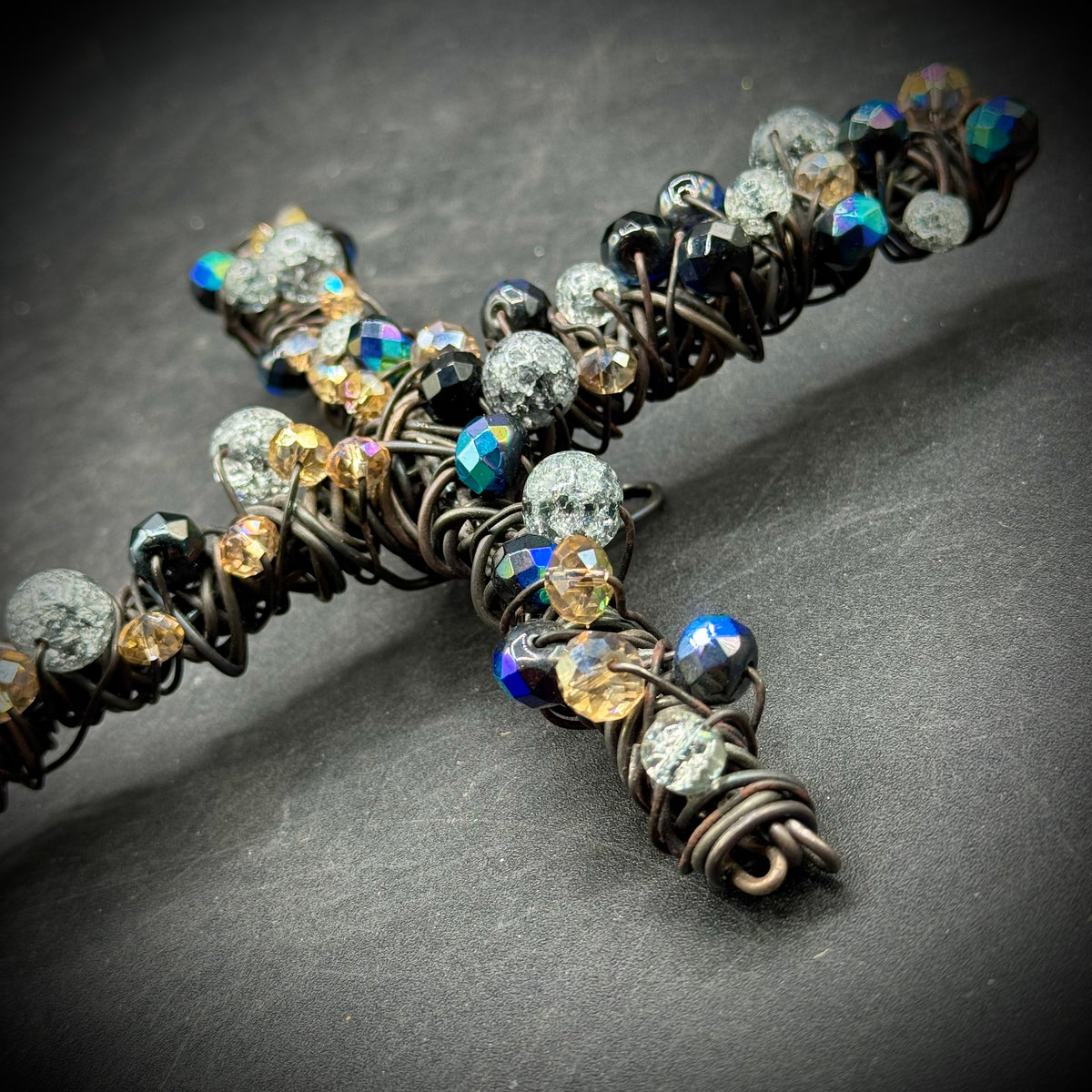 Artisan Metal Wrapped Cross with Faceted Beads