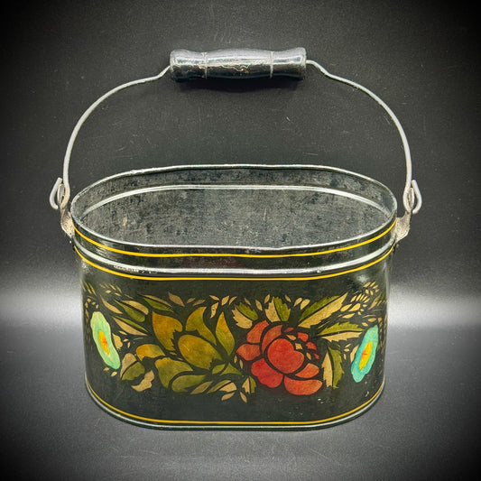 Antique Metal Toleware Bucket with Hand Painted Flowers
