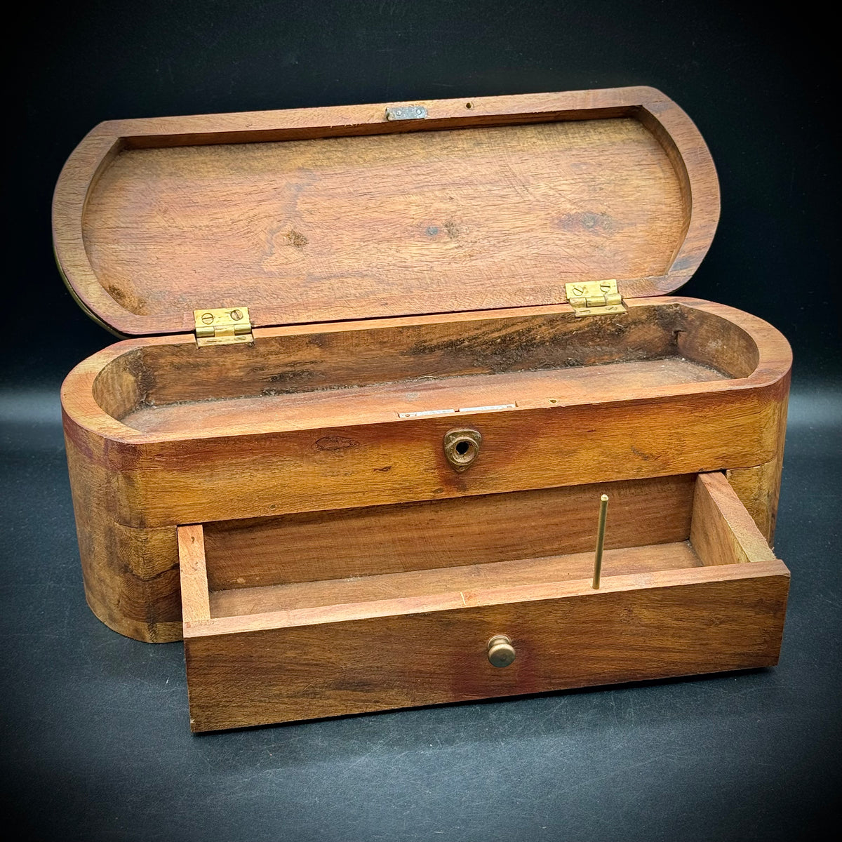 Vintage Made in India Wood & Brass Chest with Secret Drawer Lock