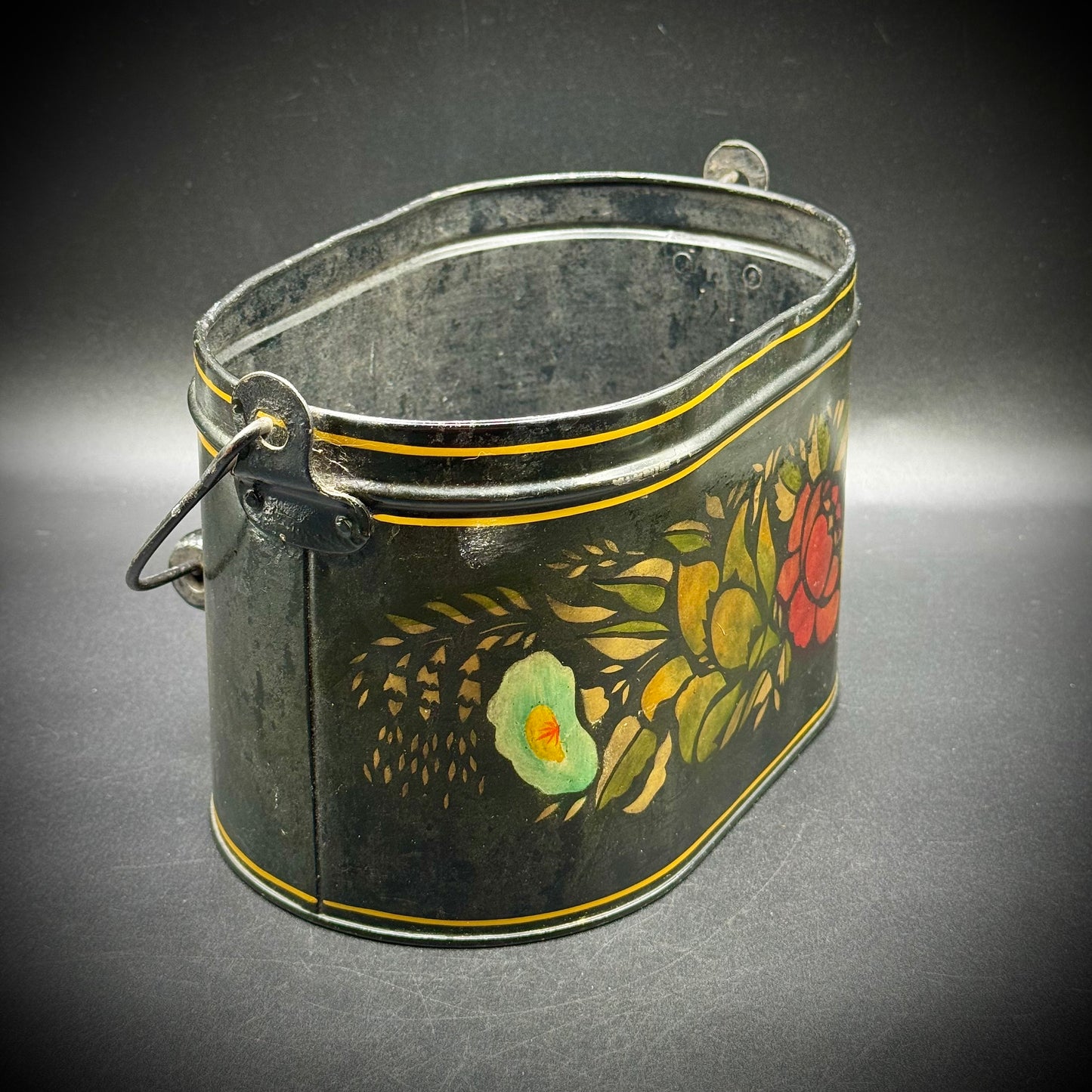 Antique Metal Toleware Bucket with Hand Painted Flowers