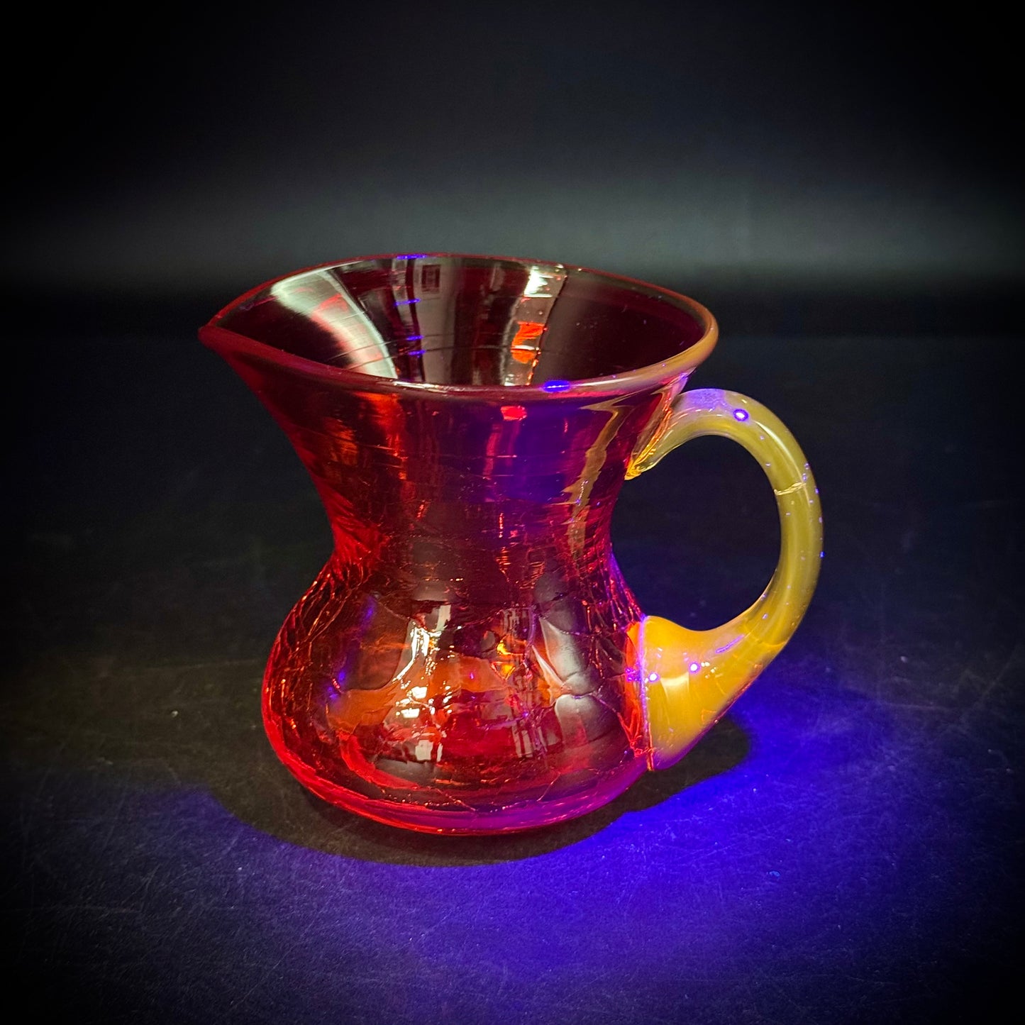 Vintage Amberina Crackle Glass Handled Pitcher