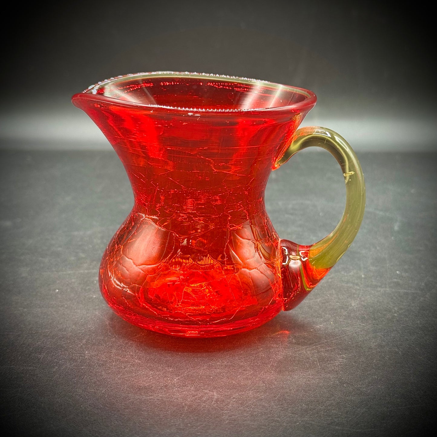 Vintage Amberina Crackle Glass Handled Pitcher
