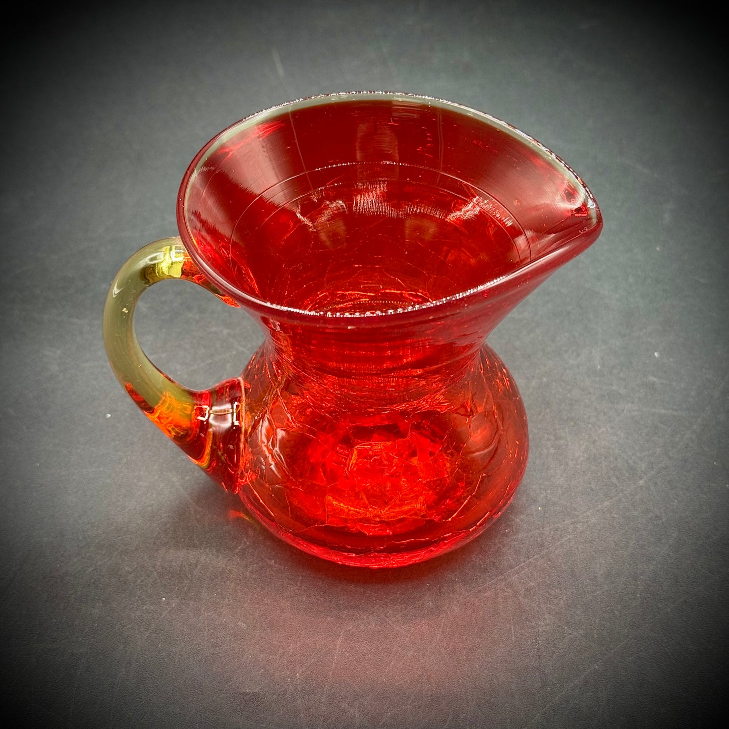 Vintage Amberina Crackle Glass Handled Pitcher