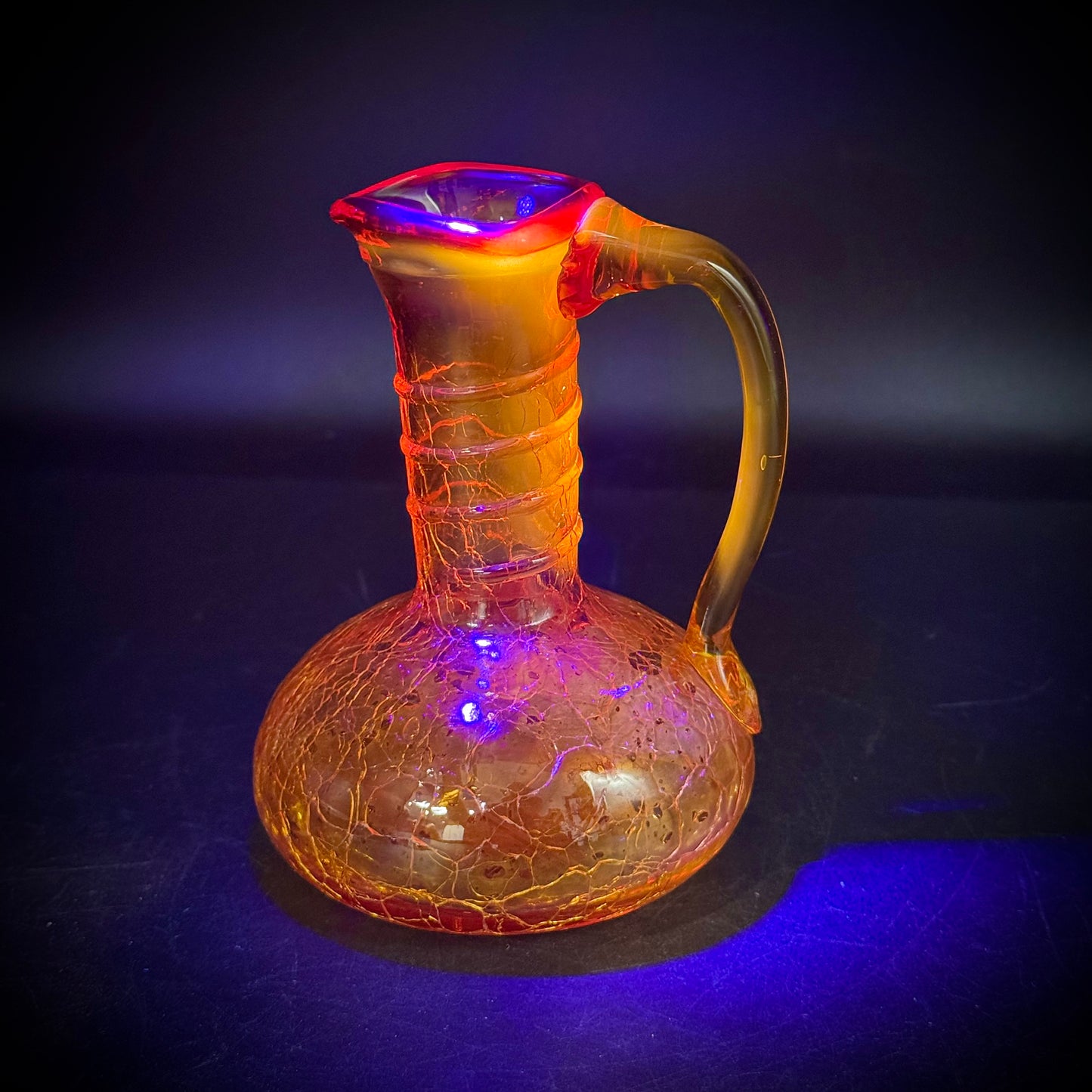 Vintage Long Neck Amberina Crackle Glass Handled Pitcher