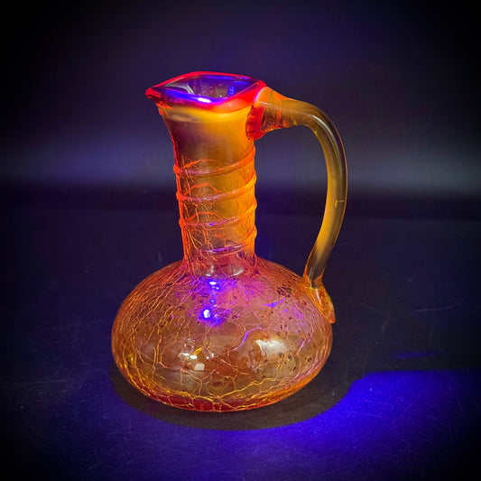 Vintage Long Neck Amberina Crackle Glass Handled Pitcher