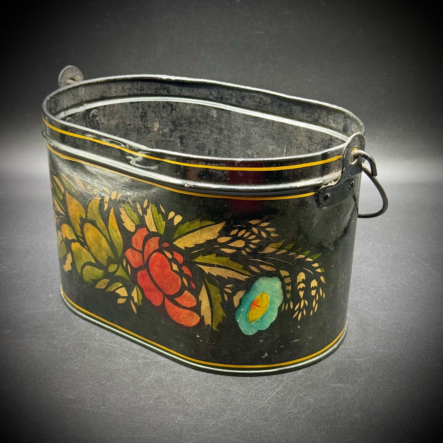 Antique Metal Toleware Bucket with Hand Painted Flowers