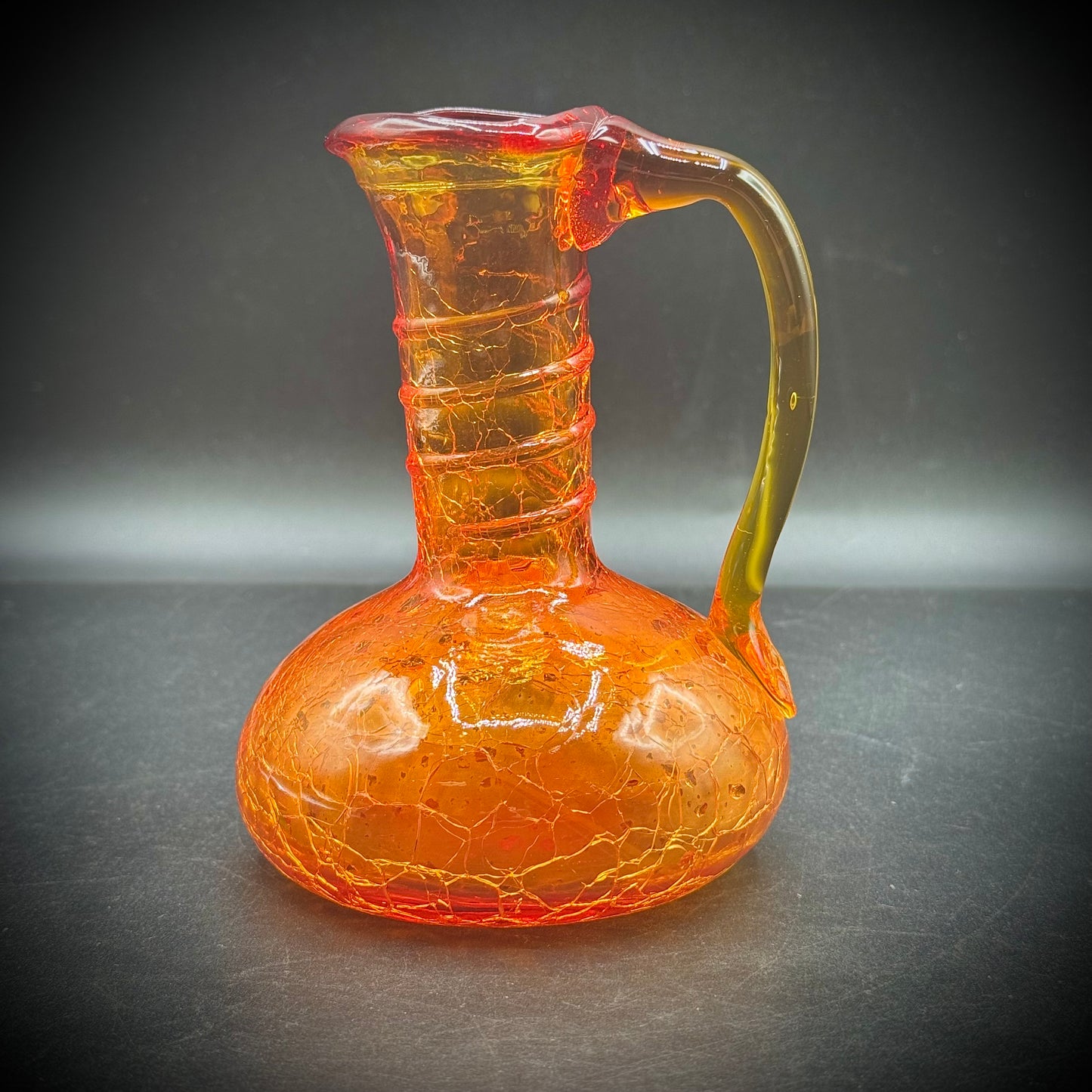 Vintage Long Neck Amberina Crackle Glass Handled Pitcher